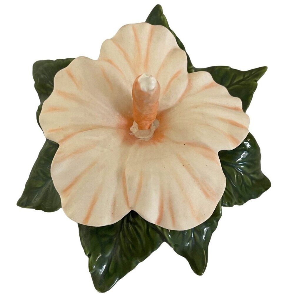 Handmade Hawaiian Ceramic Flower Tropical Hibiscus Peach Green Leaf Floral GIFT